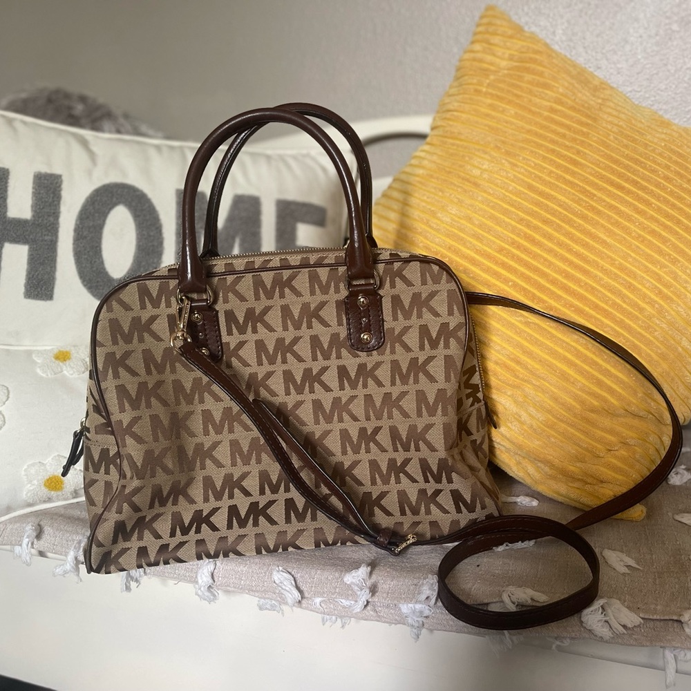 Michael Kors logo leather trim canvas satchel! Like new!